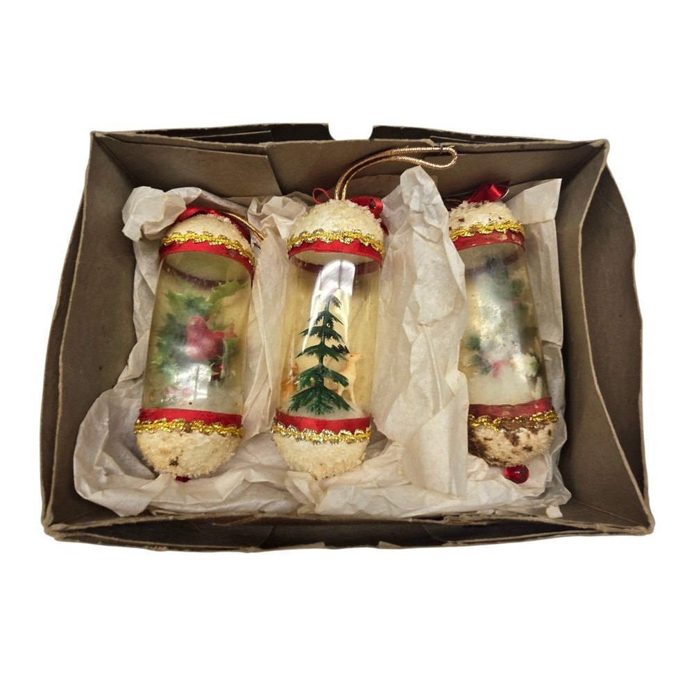 Vintage Diorama 1960s Christmas Snowman Reindeer Cardinal Ornaments In Box MCM